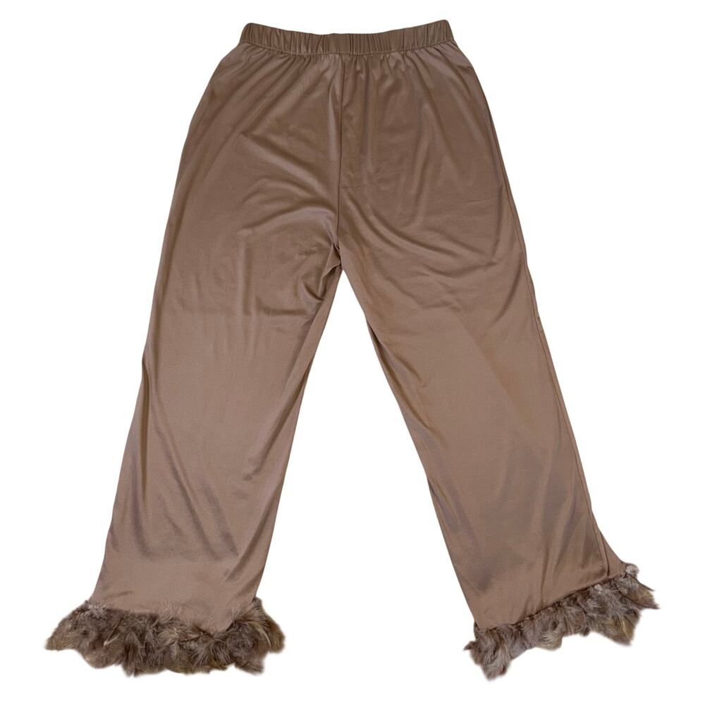 Feather Trim Wide Leg Lounge Pants Brown Taupe Elastic Waist Soft Stretch Size M - Picture 9 of 9